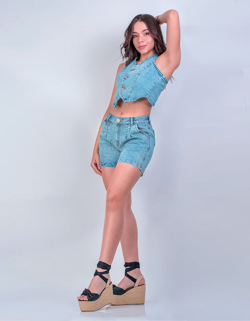 CONJUNTO DENIM SHORTS + CHALECO