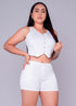 Conjunto Dril short skinny mas chaleco color blanco crudo.