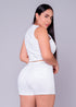 Conjunto Dril short skinny mas chaleco color blanco crudo.